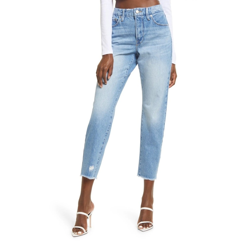 Good American Good Vintage Straight Denim Jeans 4 27 Raw Hem Blue High Waist NWT